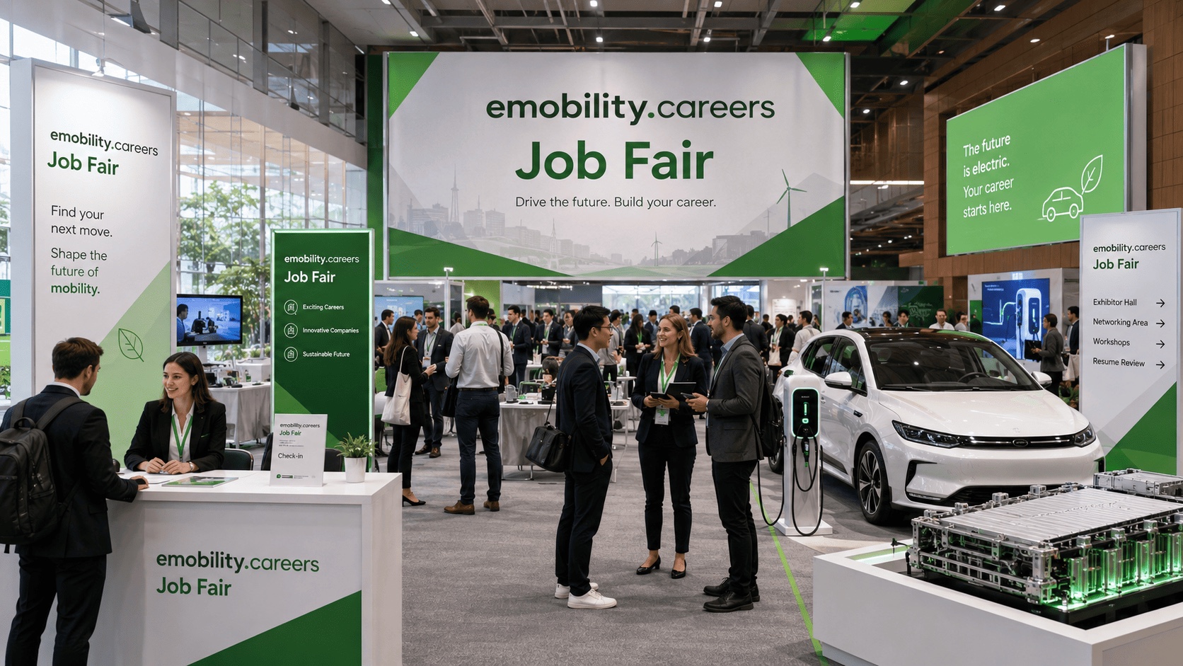 A packed emobility.careers Recruitathon job fair — recruiters and candidates in conversation, branded booth with the 'Drive the future. Build your career.' tagline, an EV charging on the show floor