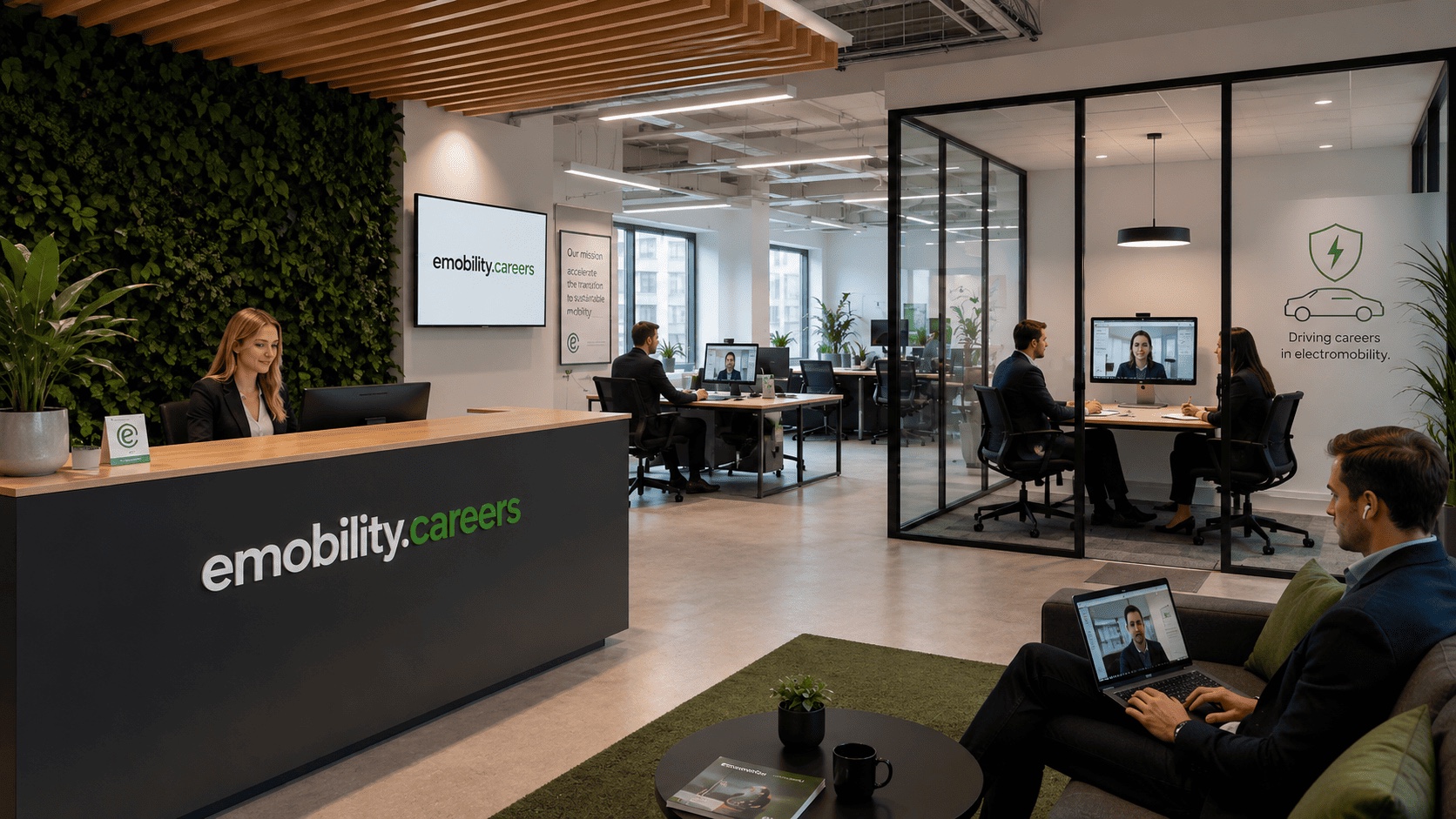 emobility.careers office with simultaneous in-person and online interviews — a candidate on a laptop video call in the lounge, a recruiter on a wall-mounted video call in the meeting room